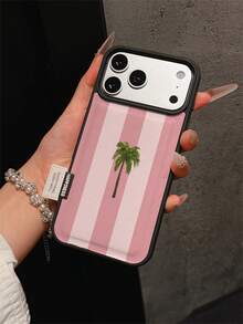 1pc Premium Fashion Minimalist Pink Striped Patchwork Coconut Tree Pattern Leather Phone Case, Full Coverage Shockproof Soft Shell With Large Hole, Suitable For Samsung/Apple 17 Pro Max/11/12/13/14/15/16 Pro Max/17 And Other Models, Holiday Gift - Multicolor - View 2