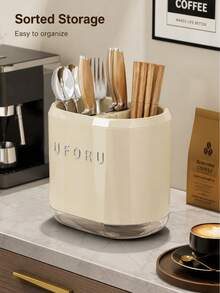 Multifunctional Cutlery Organizer And Holder For Knives, Forks, Spoons, And Chopsticks, Equipped With A Transparent Drip Tray; Features A Durable Beige Design That Neatly Stores Various Utensils, Suitable For Kitchen Countertops Or Dining - View 1