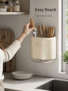 Multifunctional Cutlery Organizer And Holder For Knives, Forks, Spoons, And Chopsticks, Equipped With A Transparent Drip Tray; Features A Durable Beige Design That Neatly Stores Various Utensils, Suitable For Kitchen Countertops Or Dining - View 2