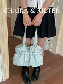 CHAIKA & KILTER 1件純色PU布料托特包，女款時尚單肩托特包，雙手柄設計，拉鍊開合，飾帶裝飾，適合日常與街頭使用 - 綠色 - 查看 6