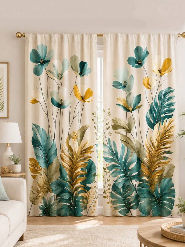 2 buc. perdele decorative Fresh cu gradient de acuarelă, motive florale și vegetație, pentru toate anotimpele, din 100% poliester, potrivite pentru living, dormitor, birou și sufragerie, ușor de montat, cu design cu buzunar pentru tijă, decor și accesorii pentru dormitor (tija nu este inclusă)