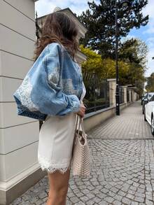 Women Autumn Vintage Lace Trimmed Loose Fit Long Sleeve Denim Casual Jacket - Blue - View 7