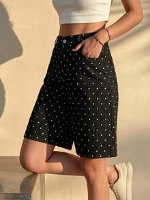 100% Cotton Polka Dot High Waist Wide Leg Shorts For Women Summer Casual Comfy Denim Shorts With Pockets Vacation - Black - View 7