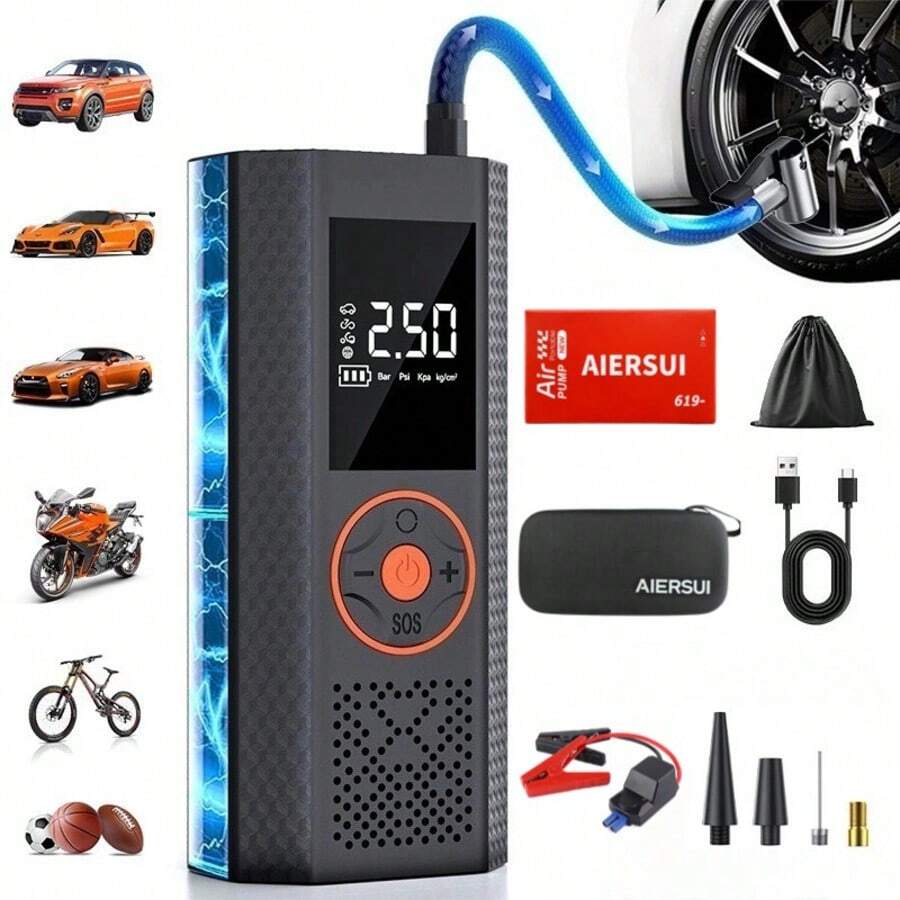 150PSI Portable Air Compressor, Tire Inflator, Car Jump Starter, With Tire Pressure Gauge And LED Display - 3x Fast One-Touch Smart Wireless Tire Inflator, USB Powered, Rechargeable Battery - Black - View 1