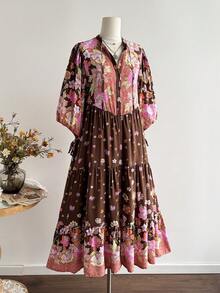 Rusttydustty Women's Brown Printed V-Neck Tie Puff Sleeve Bohemian Vacation Style Loose Long Dress, Suitable For Autumn - Brown - View 2
