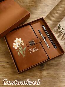 Anpassad anteckningsbok med blomknapp, dagbok i konstläder med präglat blommönster, guldknapp, anpassningsbart namn, inkluderar penna och presentask, bullet journal-pappersvaror, skolstart, examenspresent - Multifärgad - Visa 6