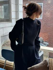 New Navy Blue Half-High Neck Ribbed Knit Sweater, Vertical Texture Slimming And Fitted, Soft And Skin-Friendly. Minimalist Korean Slouchy, Clean Look When Worn Alone, Also Pairs Well With Coats, Versatile For Autumn/Winter, Dark Color Low-Key And Textured, Suitable For Daily Commute - Navy Blue - View 5