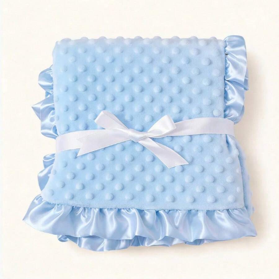 1 pieza Manta multifuncional para bebé, de doble capa de felpa de frijol, grosor medio, suave y amigable con la piel, con decoración de borde con volantes lindos, adecuada para niños y niñas - Volantes azules - Ver 1