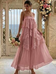 Women's Lace Asymmetrical Elegant Long Ruffle Hem Maxi Dress, Sleeveless Fashion Graduation Prom Party Evening Gown Wedding, For Her Fall - Baby Pink - View 2