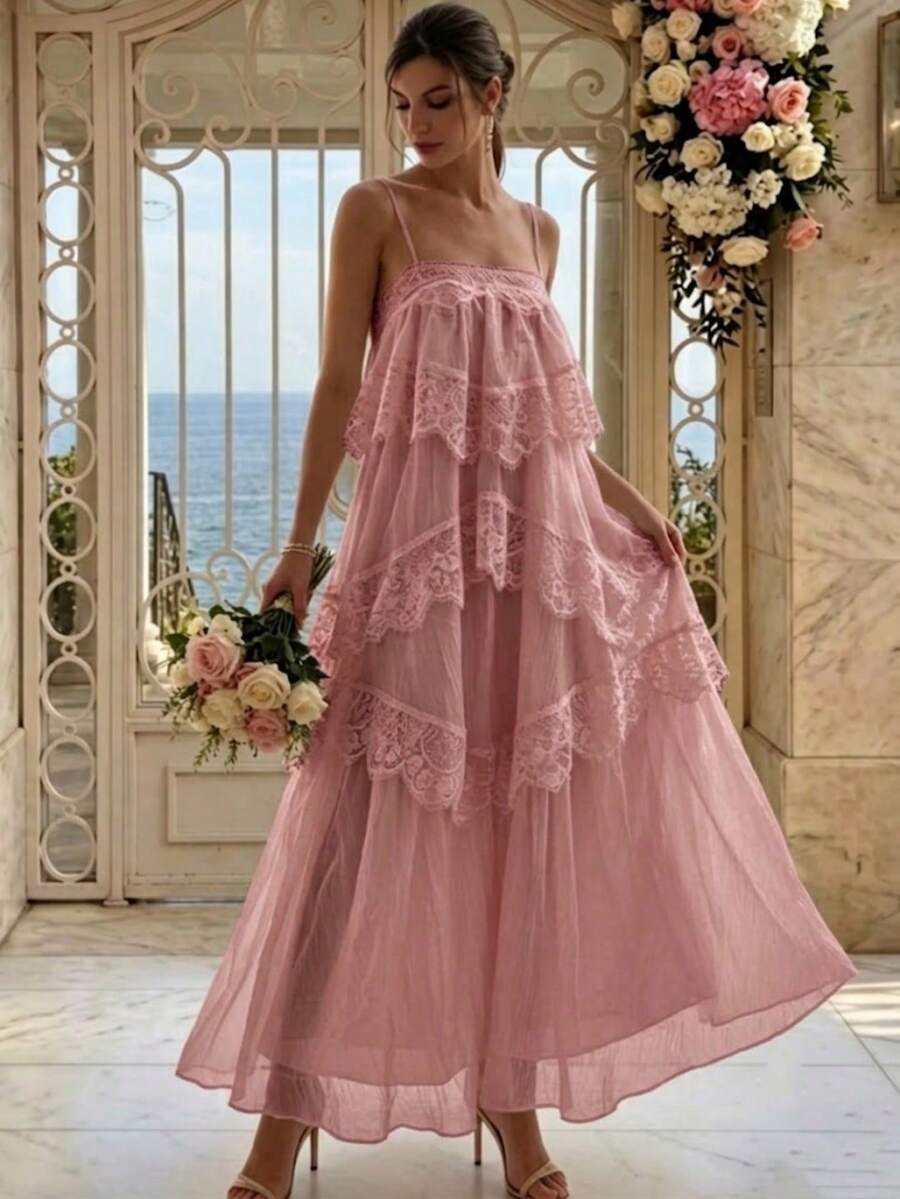 Women's Lace Asymmetrical Elegant Long Ruffle Hem Maxi Dress, Sleeveless Fashion Graduation Prom Party Evening Gown Wedding, For Her Fall - Baby Pink - View 1