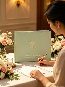 客製化優雅婚禮賓客簽名簿，客製化版面婚禮硬殼相簿，復古玫瑰金燙金，浪漫米色賓客簿，空白頁可用於簽名與照片；多用途賓客簿適用於週年紀念、洗禮、生日 - 彩色 - 查看 2