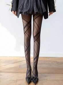 Women Criss Cross Sheer Tights, Geometric Pattern Pantyhose, Black Printed Stockings, Fashion Legwear For Party, Night Out & Daily Outfits - Multicolor - View 6