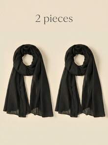 1pc Cotton Solid Color Arabic Long Headscarf Sun Protection Scarf Suitable For Mosque Use Modest Hijab - Black 2-pack - View 2