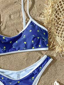 Lemon Breeze 2-Piece Bikini Set - Sexy Navy Blue Swimwear With Citrus Print And White Trim, Suitable For Beach And Pool Vacation Summer - Blue - View 4