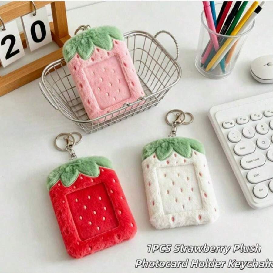 Strawberry Filled Photo Card Holder Keychain, Soft Fluffy 3-Inch Idol Photo Card Holder, Cute Pretty Photo Card Display Storage Bag Pendant, Suitable For Fans - Multicolor - View 1