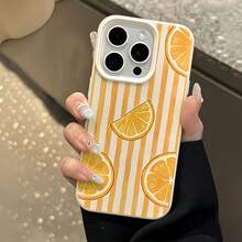 1pc White Matte Minimalist Lens Protection Striped Orange Pattern Phone Case Personalized Compatible With IPhone 16 Pro Max 17/16/15/14 Plus/13/12/11 Air And Series - Multicolor - View 2