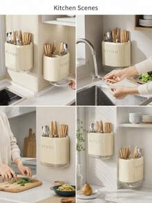 Multifunctional Cutlery Organizer And Holder For Knives, Forks, Spoons, And Chopsticks, Equipped With A Transparent Drip Tray; Features A Durable Beige Design That Neatly Stores Various Utensils, Suitable For Kitchen Countertops Or Dining - View 9