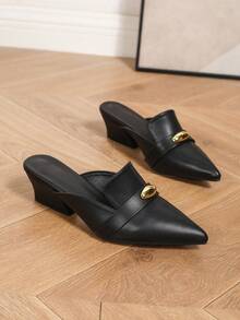 Fashion Pointed Toe Gold Buckle Decor Mule Chunky Heel Shoes Black Slip-On Elegant Comfortable Commute Party, Block Heels, High Heel, Pumps, Women - Black - View 6