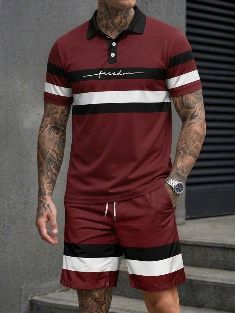 男士撞色条纹字母印花 Polo 衫和短裤套装 - 彩色 - 查看 1