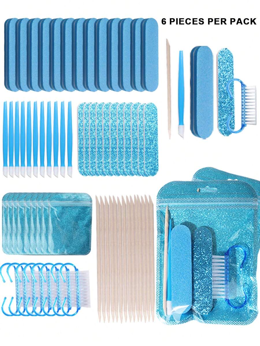 6pcs Blue Nail Art Tool Set, Includes Nail File, Sponge Buffer, Nail Dust Brush, Cuticle Pusher And Wooden Orange Stick, Portable DIY Nail Care Kit - White - View 1