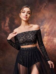 Faeriesty 2pcs Maternity Dress Set, Including Off-Shoulder Lace Top And Sheer Skirt With High Slit Black - Black - View 3
