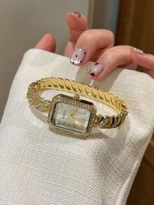 1件小巧金/銀色復古奢華女款手鍊腕錶，時尚極簡優雅石英錶，適合日常配戴，生日禮物 - 金色 - 查看 4