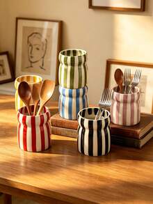 1pc Striped Ceramic Storage Jar, Kitchen Utensil Holder, Tableware Organizer, Multi-Color Striped Pattern, Suitable For Kitchen Storage, Tableware Organization, Home Decor, Back To School Supplies, Holiday Gifts - Multicolor - View 9