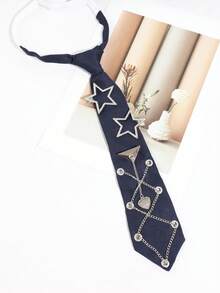 1 pièce Cravate sans nœud en forme d'étoile avec strass pour femme, décoration de chaîne en métal en forme de cœur, cravate d'uniforme JK, accessoire de chemise rétro doux et cool - Multicolore - Voir 6