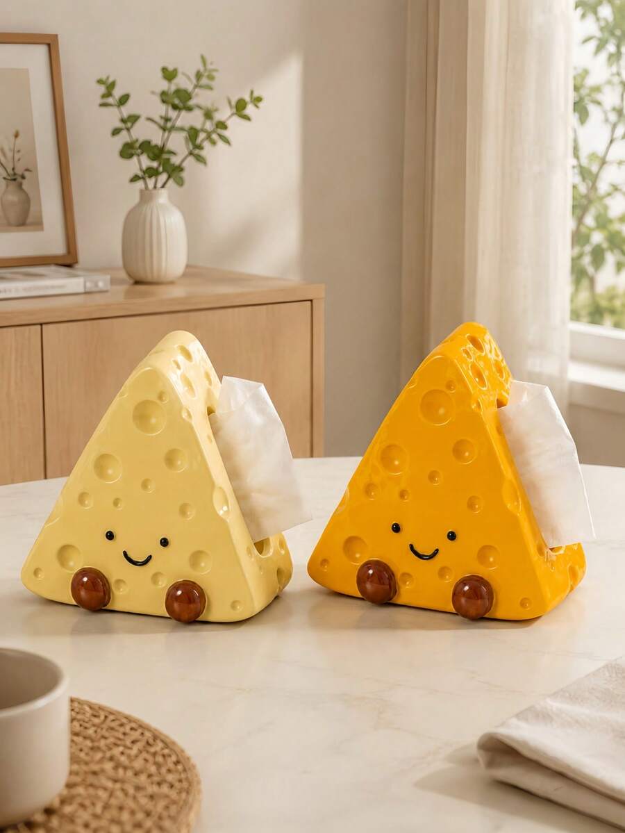 1件黃色起司造型面紙盒-可愛卡通風,三角形起司設計搭配3D圓形笑臉細節;適合客廳、餐桌、廚房及居家裝飾的桌面面紙分配器 - 彩色 - 查看 1