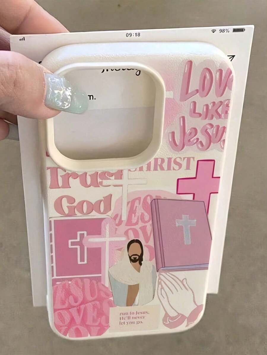 1pc White Litchi Texture Matte Lens Protection Minimalist Pink Cross Jesus Letter Bible Pattern Cute Phone Case, Compatible With Iphone iPhone16 Pro Max, iPhone17/iPhone16/15/14 Plus, iPhone13/12/11, Air, Series - Weiss - Übersicht 1
