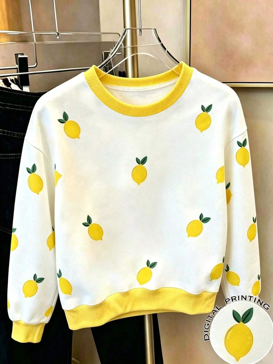 Tween Girl Lemon Print Crew Neck Long Sleeve Sweatshirt - White - View 1