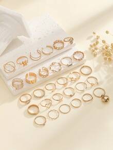 22pcs Gold-Tone Open Ring Set, Multi-Finger Rings With Hollow Heart & Geometric Designs, Fashion Jewelry For Women, Suitable For Daily Wear And Party, Gift Accessory - Yellow Gold - View 3
