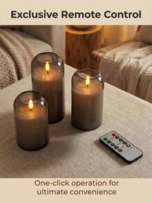 Gray LED Candle Lights, 3-Piece Flameless Candles, Candle Warmers, Candle Holders, 3D Dynamic Flame Battery-Powered Candles (Batteries Not Included), Suitable For Holiday Celebrations, Wedding Occasions, Gift Giving, Fireplace Decor, Home Decoration (Gray, Sizes 3"X4", 5", 6") - Grey - View 2