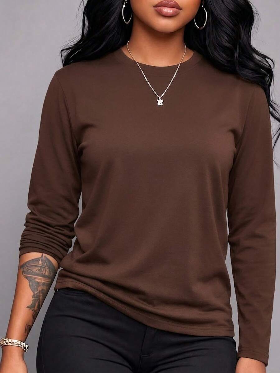 Kaos Wanita Lengan Panjang Leher Bulat Warna Polos, Atasan Kasual Longgar Serbaguna, Lapisan Dasar Sederhana untuk Sehari-hari - cokelat kopi - View 1