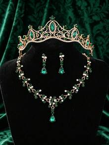 4pcs/Set Women Bridal Accessories Rhinestone Crown + Necklace + Earrings 4-Piece Wedding Jewelry Set For Wedding Dress, Also Suitable For Gold Ball, Wedding Party, Gathering - Crown + Necklace - View 10