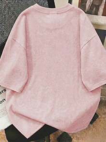 1件女款夏季水洗紮染圓領寬鬆休閒短袖T恤上衣，馬蒂斯「牡丹」油畫英文印花圖案，粉色 - 粉色 - 查看 2