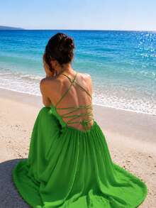Robe fluide vert forêt à bretelles spaghetti et dos nu pour femmes, robe élégante pour vacances d'été, plage, resort, fête de vacances et festival - Vert - Voir 5