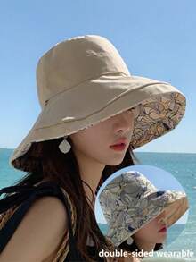 1件女款雙面印花寬簷水桶帽，夏季防紫外線全方位遮陽帽，附防風繩，適合海灘度假 - 彩色 - 查看 5