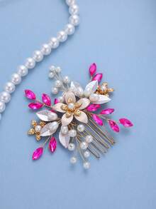 1pc Women's Purple Rhinestone Faux Pearl Hair Comb, Elegant Floral Design Bridal Hair Accessory, Suitable For Wedding, Prom And Party Occasions - Hot Pink - View 2