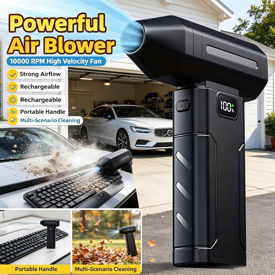 便攜式手持高速吹風機 強力除塵噴氣扇 無線噴射風扇 吹葉機 汽車除雪刷 含 2 顆 2600mAh 電池 適用於鍵盤、電腦、汽車與居家清潔 - 黑色 - View 1