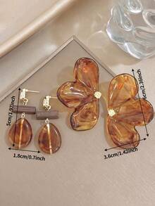 Luxuy Retro Amber Large Asymmetric Petal Drop & Wooden Dangle Earrings, Gold Jewelry Gift, For Daily Party Birthday Valentine's Day, Boho/Y2K - Multicolor - View 4