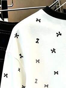 Tween Girl Bow Pattern Print Crew Neck Long Sleeve Sweatshirt - White - View 5