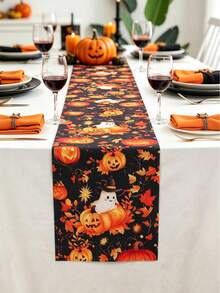 1pc Happy Halloween Tablecloth, Pumpkin Ghost Leaf Pattern Tablecloth, Party Tablecloth, Halloween Party Supplies, Scary Halloween Table Runner, Haunted House Decoration, Trick Or Treat Decoration, Halloween Gift, Party Gift, Halloween Home Decor, Room Decoration, Kitchen Tablecloth, Christmas Decoration, 2027 New Year Party Decoration, New Year Gift, Winter Decoration - Pumpkin Ghost Leaves - View 4