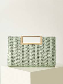 AIBBYDAR Borsa a mano da donna verde menta alla moda intrecciata, vacanza, spiaggia, borsa a tracolla versatile da donna, casual, minimalista, spiaggia, accessorio essenziale per le vacanze - Menta Verde - Visualizzare 3