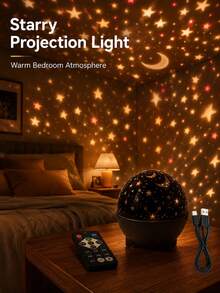 1pc [LED Night Light] Cylindrical Transparent Textured Water Ripple Lamp, USB Powered Suitable For Bedroom Bedside, Dorm Desk And Leisure Space - Stars and Moon - View 2