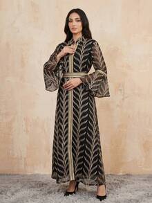 Hafizah 刺繡喇叭袖套頭優雅長洋裝 V領網紗女款洋裝 - 黑色 - 查看 7