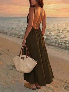 Women's Thin Strap Sleeveless Solid Color Bohemian Style Backless Ruffle Hem Dress, Perfect For Vacation And Casual Outings - Coffee - View 1