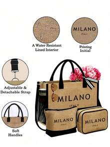 女款「MILANO」藝術字母圖案沙灘托特包套組，時尚可折疊沙灘包，適合游泳與海邊旅行，亦可作為女款單肩包、超市購物袋或多功能收納袋，芭蕾風通勤手提包，適合送給女性、母親、老師、朋友、伴娘、學生，開學季禮物 - 彩色 - 查看 7
