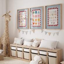 Set Of 3 Unframed Educational Canvas Prints, Kids Learning Wall Charts Including Alphabet Letters, Basic Geometric Shapes & Numbers 1-20, Hand-Drawn Crayon Style With Red Striped Border, Cute Preschool Nursery Decor For Playroom & Kids Bedroom. - A - View 3