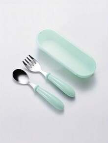 2pcs Stainless Steel Fork & Spoon Set For Toddlers, Children's Baby Feeding Utensils, Rounded Handle Portable Lunch Box Baby Eating Spoon & Fork, Back To School - Multicolor - View 12